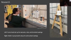 A lecture slide with a gray background showing the author on the left at a fume hood, applying test aerosols, rubs and brushed coatings to mock-up surfaces. On the right is an image of a walk-in spray booth set-up.