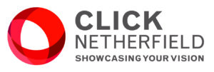 A red, circular swirl logo with gray text reading "Click Netherfield: Showcasing your vision"