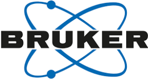 molecular model logo with two blue orbitals and black text "BRUKER" in the center
