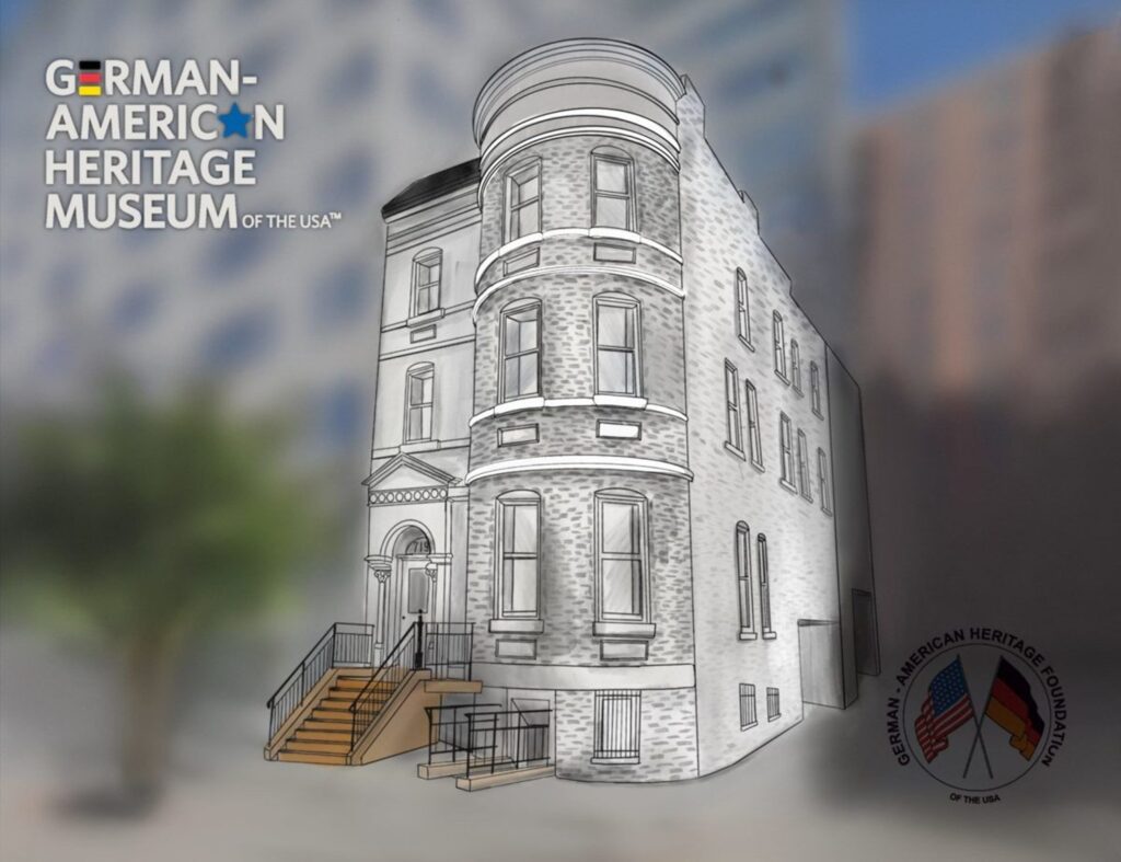 An illustration of a three-story late 19th-century Victorian townhouse with the rest of the street blurred out. Image is overlaid with the logo "German-American Heritage Museum of the USA".