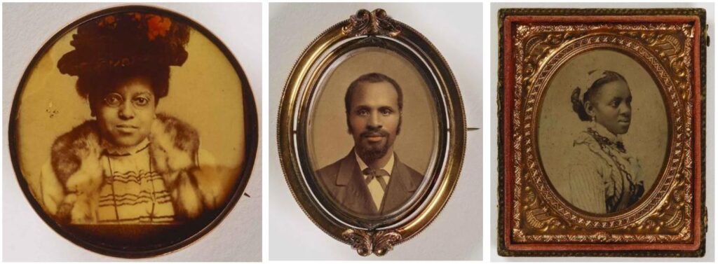 Collection of three portrat images, excerpts from an Early Photography Collection featuring early works by African American photographers, including a celluloid, albumin, and ambrotype photograph in metal settings depicting Black American sitters, black-and-white with hand-colored details in red.