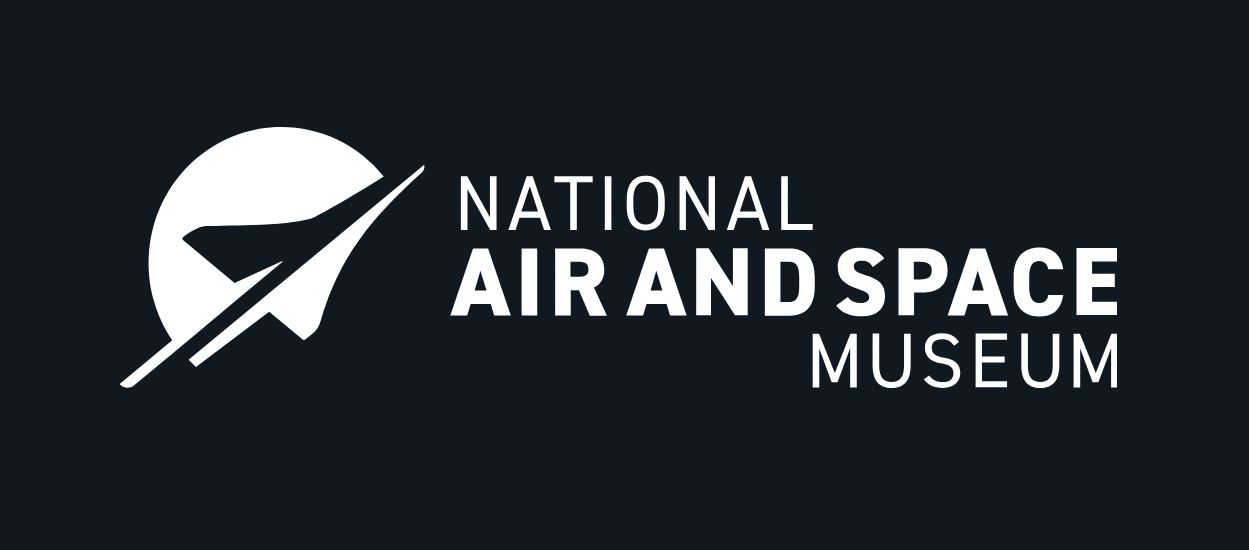 Logo with the text of "National Air and Space Museum" in white with a dynamic figure of an airplane in white on a dark blue background.