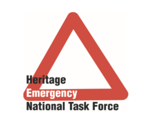 red triangle on white field with words "Heritage Emergency National Task Force" in black