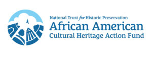 The National Trust for Historic Preservation showing figures of a bird flying over building facades in steep perspective. Paired with the text "National Trust for Historic Preservation / African American Cultural Heritage Action Fund"