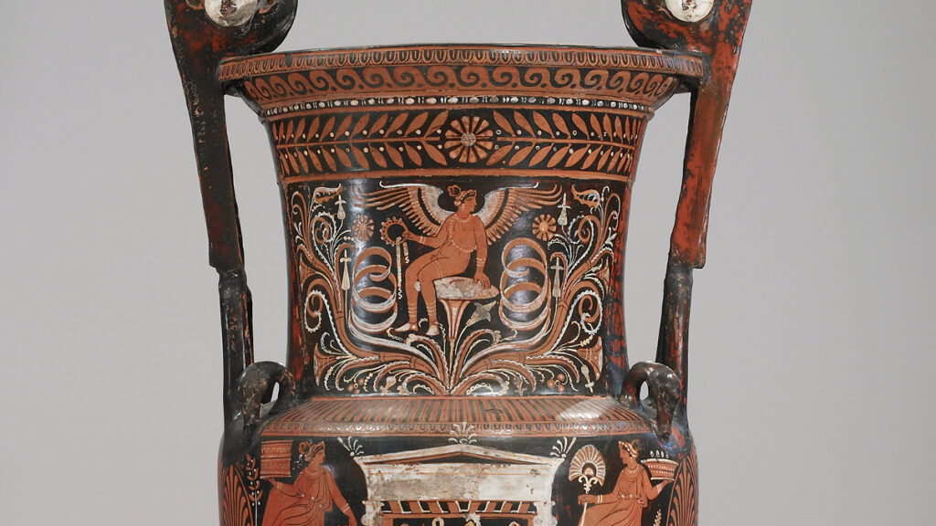 Detail of Greek volute krater from the Walters Museum' collection with figure of a red figure of a winged woman on black ground.