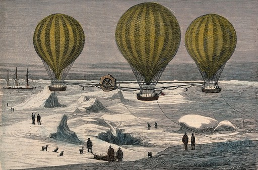 Print of three hot air balloons over a snow landscape.