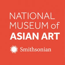 Text "National Museum of Asian Art logo" with Smithsonian sun logo in white on coral background.