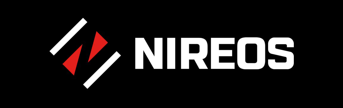 Logo for NIREOS with white text on a black ground. Figure is the letter 'N' in black with red and white negative space, 45 degrees off axis.